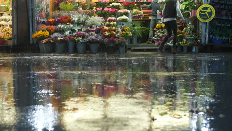 Regnerischer-Tag-Vor-Einem-Blumenladen-Wasserspiegelung-Im-Boden-Montpellier-Frankreich